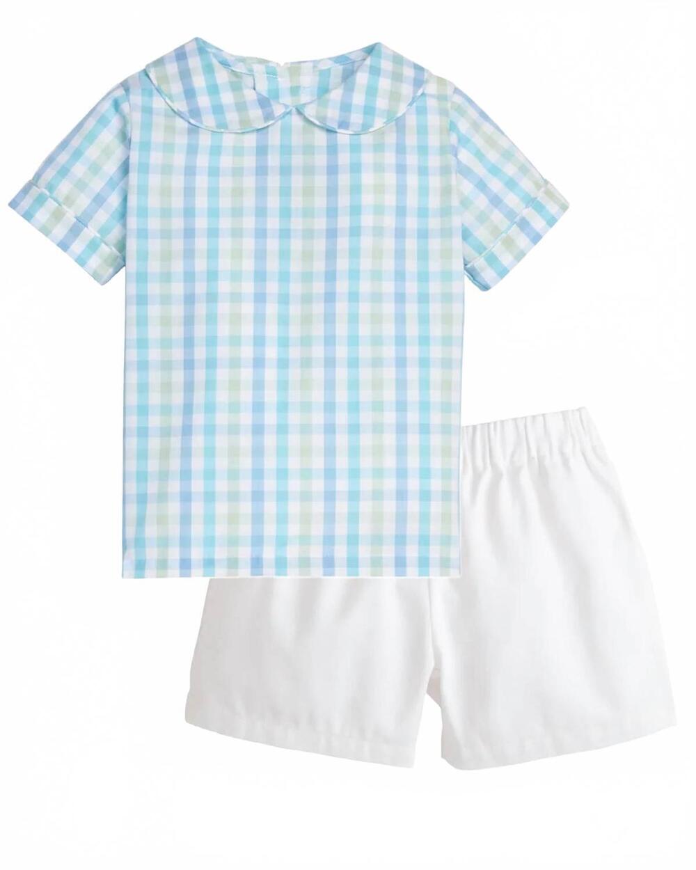 NEW LITTLE ENGLISH kids' briarcliff plaid short set in blue/ white